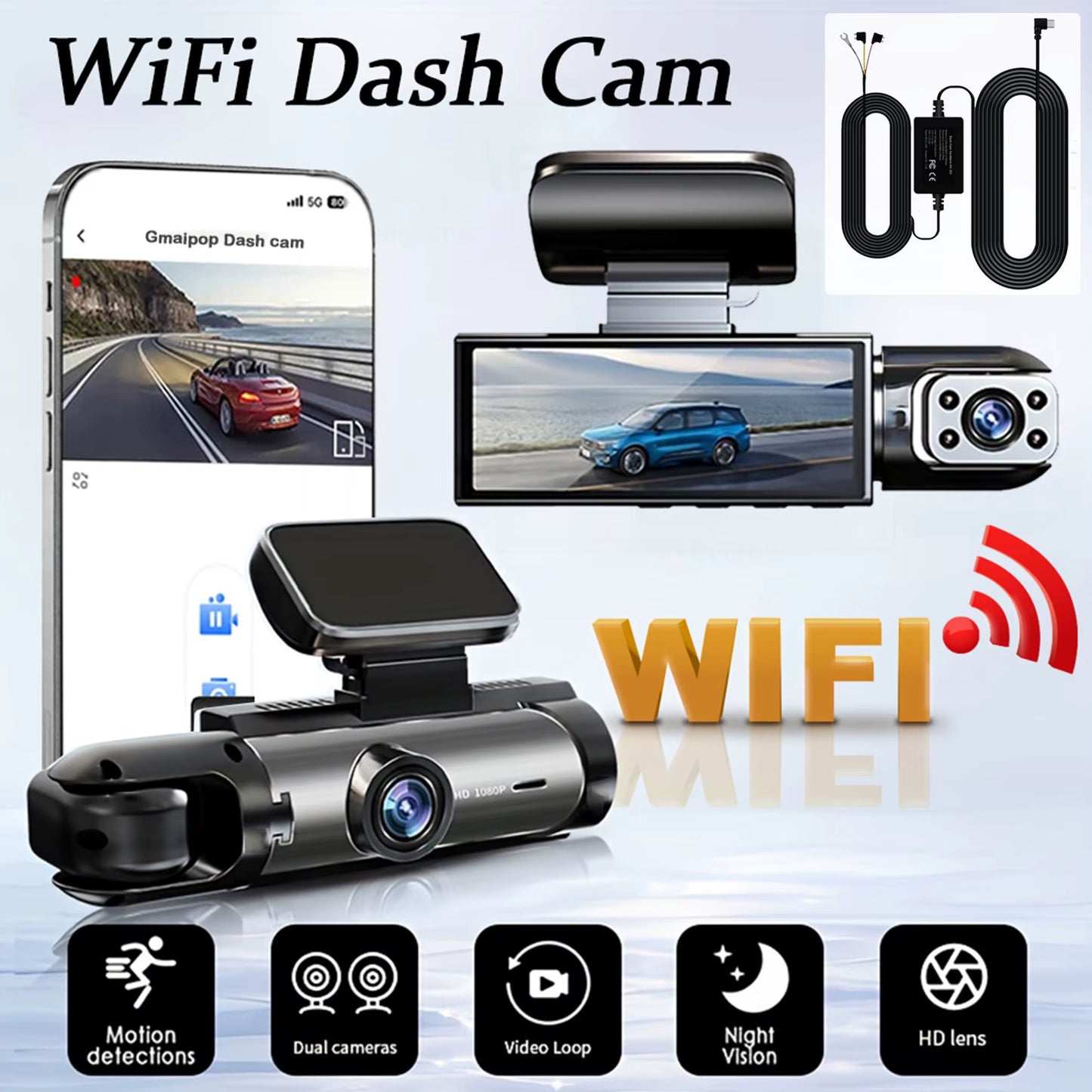 1080P WIFI Dual Camera Dash Cam for Cars,Front and Inside,Car Camera with IR Night Vision,Loop Recording,Wide Angle Car DVR Came